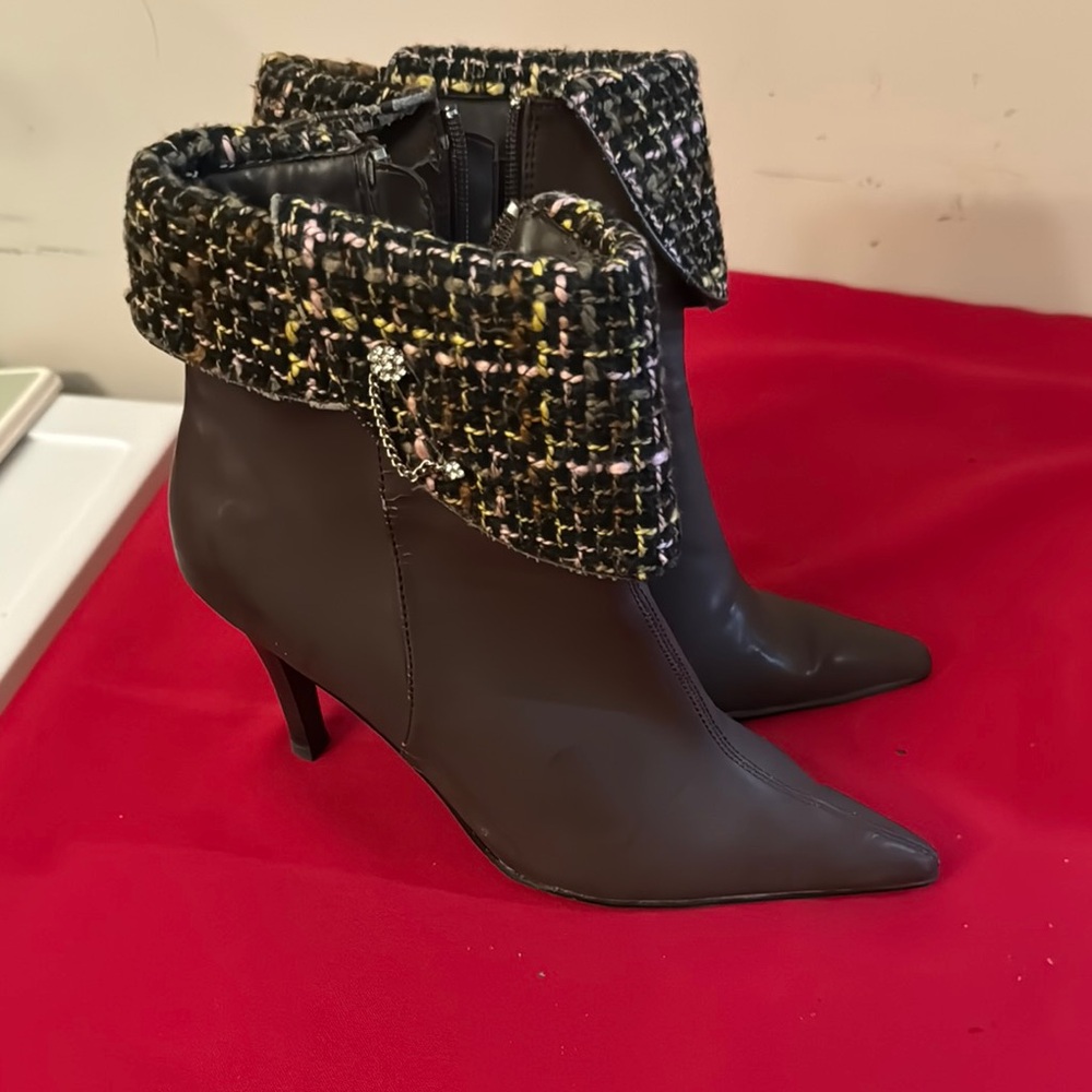 Chanel Black Heeled Boots with Tweed Cuff